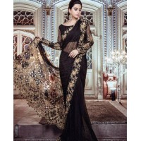 Black Unstitched 3 piece  CHIFFON SAREE