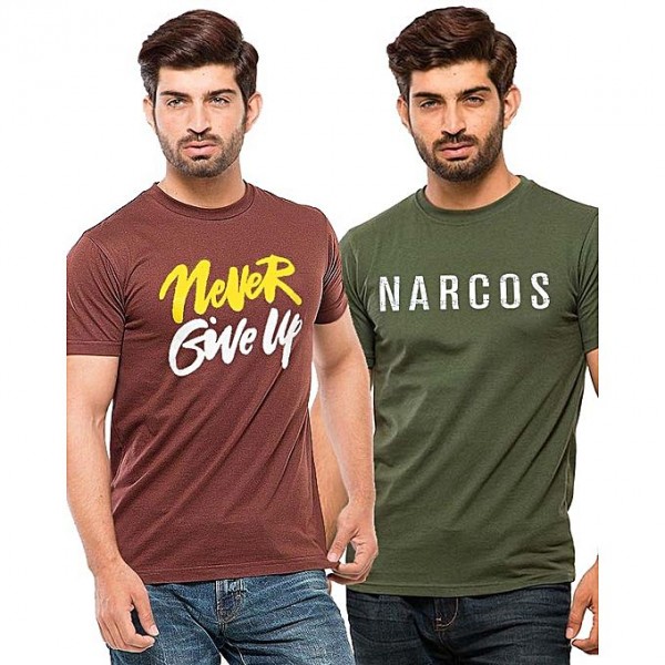 Pack of 02 Cotton Printed T shirts brown - green