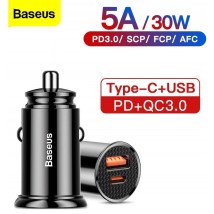 Baseus 5A 30W Dual QC+ PD 4.0 3.0 Fast Charging Cell Mobile Phone Tablet Car Charger Black