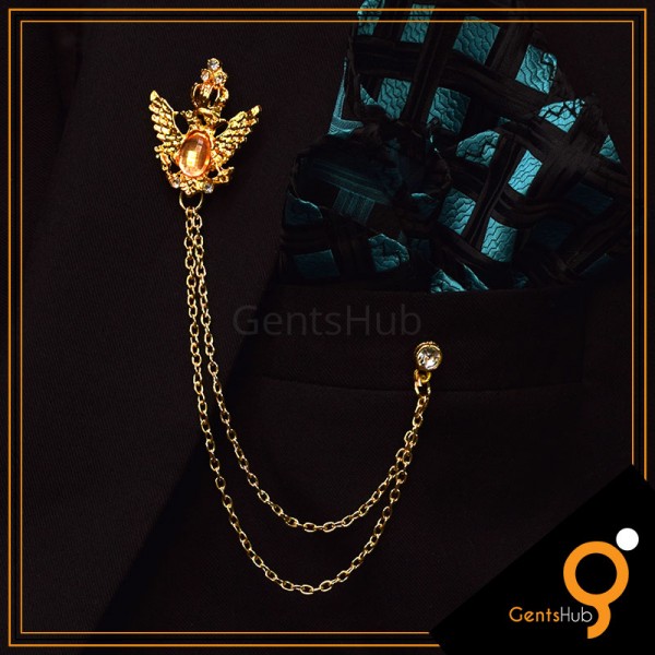 Buy Golden Feather Brooch with Orange Mini Crystal Stone with Golden ...