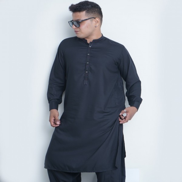 Black Embroidered Kurta Shalwar Medium blended wash & wear - Buyon.pk