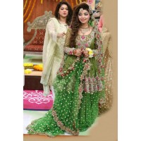 NET EMBROIDERED dress for mehndi bride in green colour