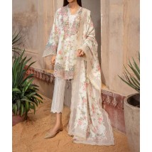 Printed lawn embroidered dress in white colour with chiffon dupatta