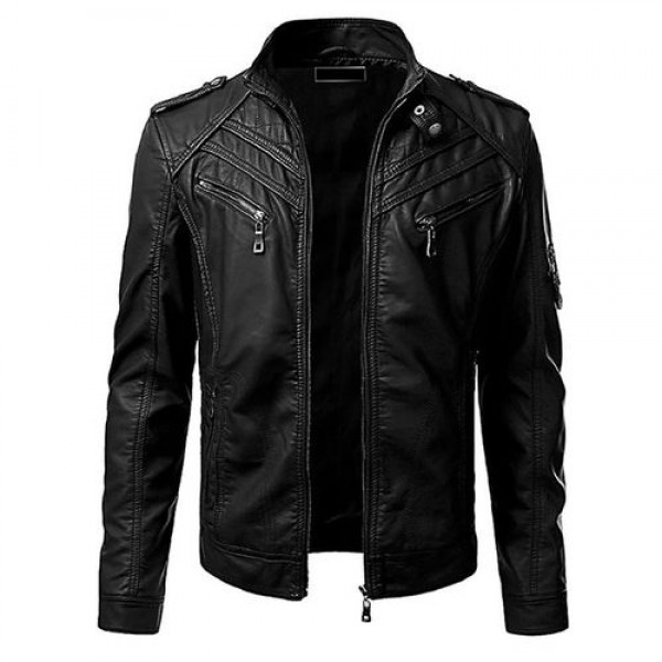 Front Pocket Leather Jacket For Men In Black - Buyon.pk