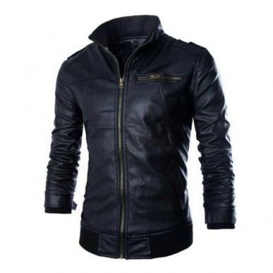 Leather Jacket For Men High Collar Style In Black - Buyon.pk