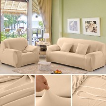 Sand beige Sofa Cover 5 Seater (3+1+1) | Stretchable 5 Seater Sofa Covers Set | Elastic Fitted Solid Color Jersey Cover Jumbo Size | Comfortable Couch Cover | Narmo Gudaz