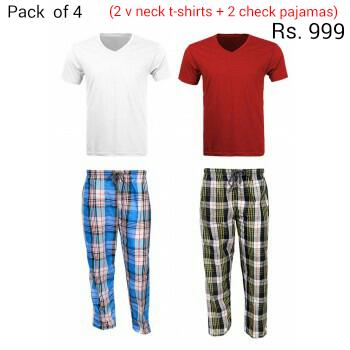 Super Deal of 4 - 2 Vneck T-shirts + 2 Checkered Pajamas